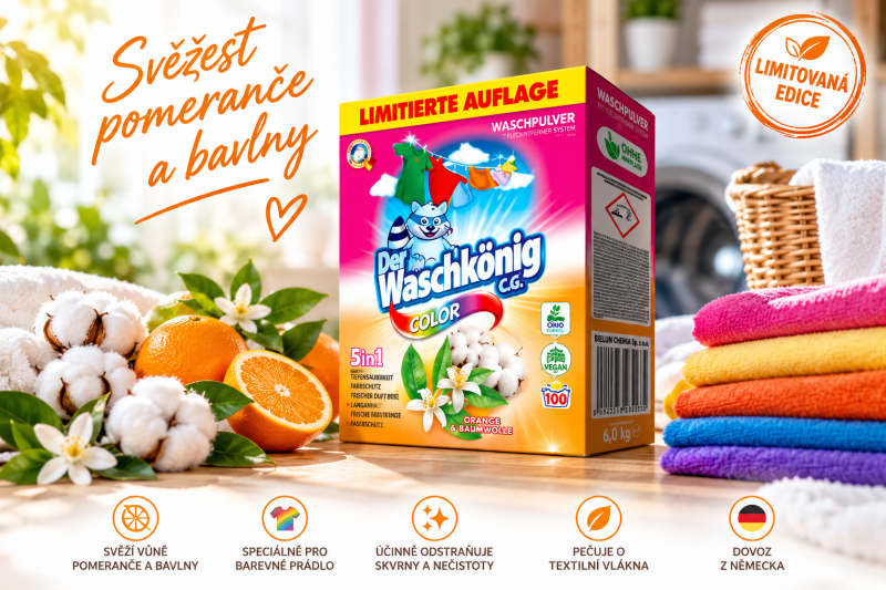 Waschkönig Color Orange & Baumwolle XXL prací prášek na barevné prádlo – 6 kg, až 100 praní